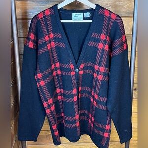 Vintage London Fog Plaid Cardigan Sweater Black Red Grunge 90s Size L